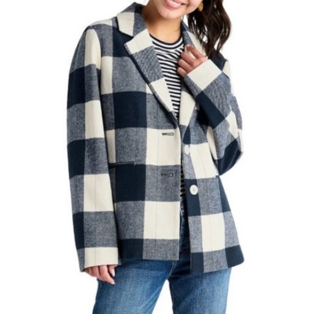 Splendid Women's Navy White Plaid Gingham Blazer Jacket Coat Warm Size Large